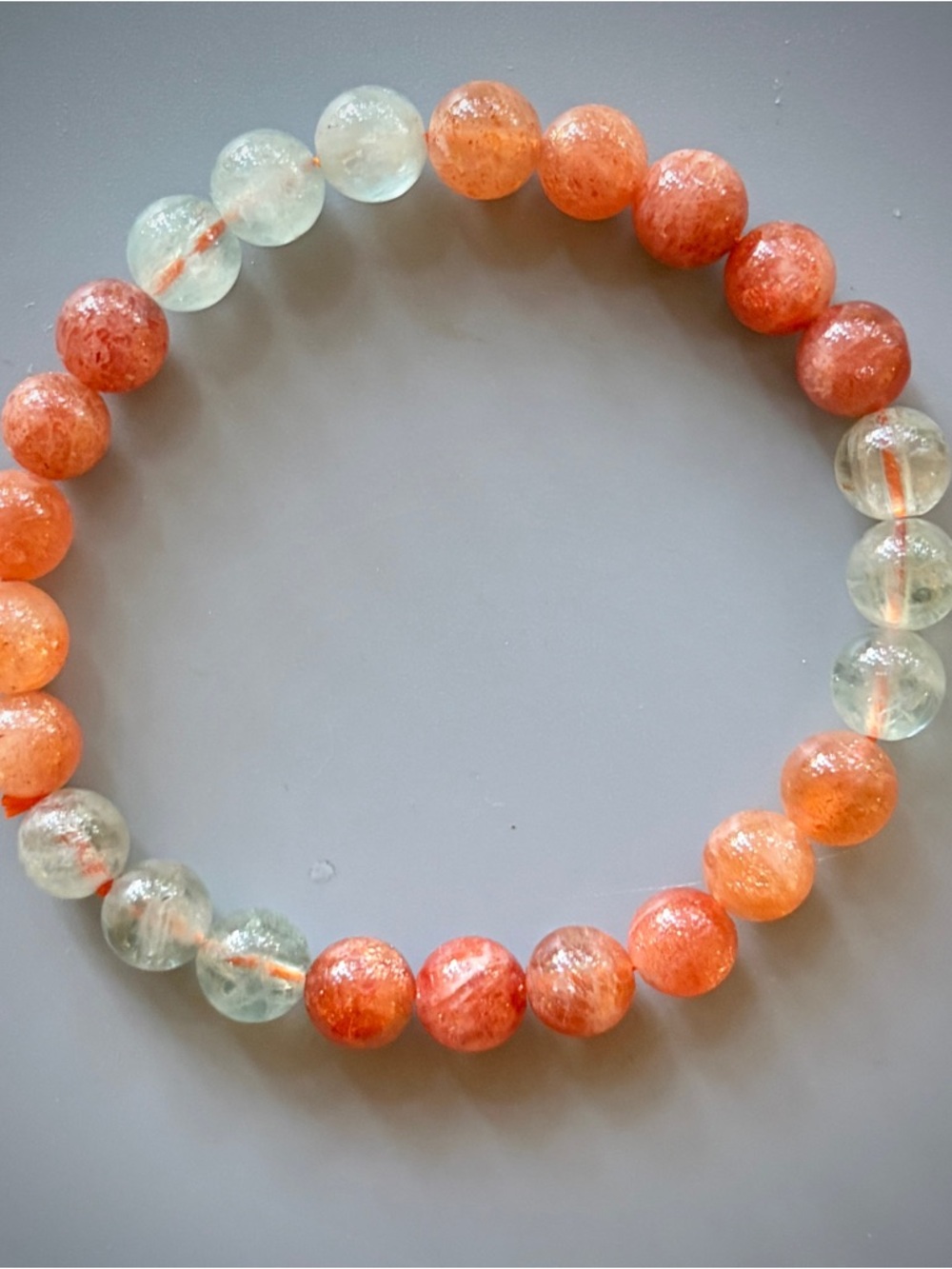 Orange Sandstone and  Green Quartz Hand Beaded Stretch Bracelet